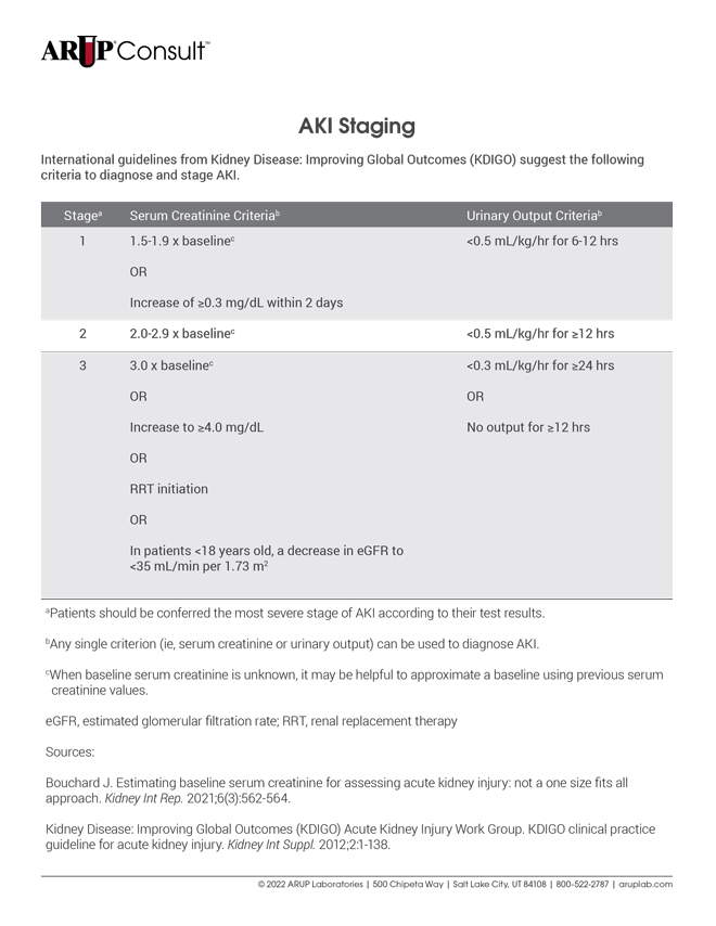 AKI stages according to KDIGO guidelines. Serum creatinine and urinary output criteria are used to determine stage.