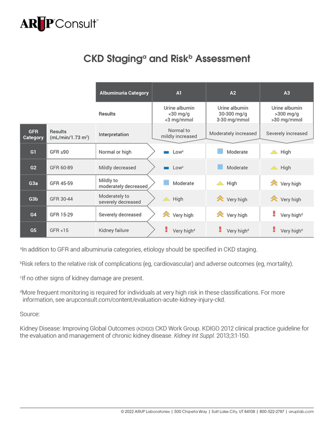 CKD stages and risk levels according to KDIGO guidelines. Urine albumin and GFR values are used to determine stage and relative risk of complications and adverse outcomes.