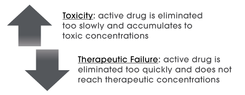 Graphic showing reaction to drug dosing with arrow pointing up to indicate toxicity, and arrow pointing down to indicate therapeutic failure.